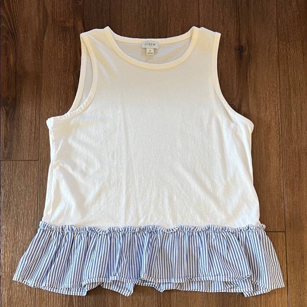 J. Crew White Tank Top with Blue Striped Ruffle Hem